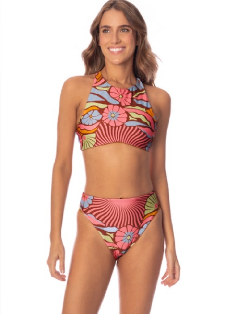 Maaji Gaby High Neck Reversible Bikini Set Medium Floral Stripe NWT $176